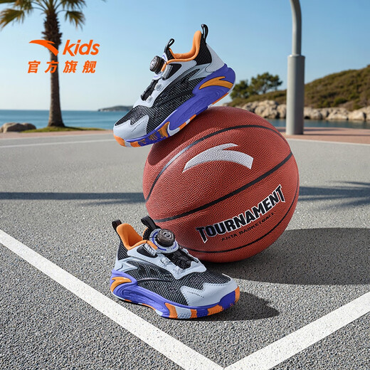Anta-Kinder-Turnschuhe Jungenschuhe 2025 Frühlings- und Sommer Neues Produkt Mesh Atmungsaktivem Knopfknopf gepolstert und geschärfter Basketballschuhe Schwarz/Hellnebel Grau/Gelb Orange-1 32