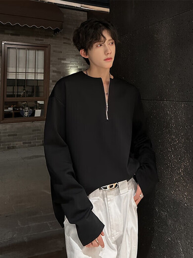 Tailored rain and rainbow American half-zip sweatshirt for men in autumn new style heavy long-sleeved T-shirt with bottoming henley shirt black black M 90-105Jin Jin is equal to 0.5 kg