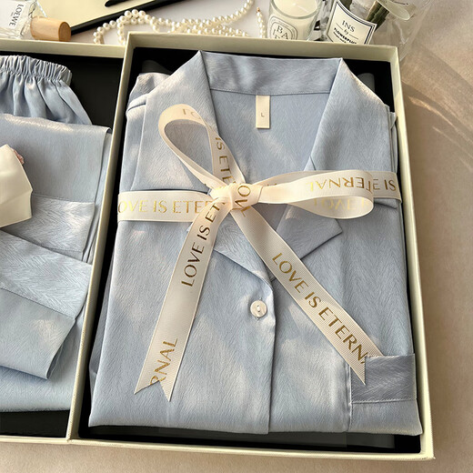 亚慕兰送妈妈闺蜜女朋友三八节礼盒装生日礼物女士睡衣春秋款冰丝家居服 非礼盒-【送眼罩】6623浅蓝 M