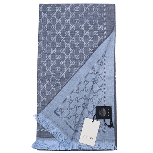 GUCCI-Schal, Unisex, Logo, Jacquard, wendbar, Wolle, Quastenschal, chinesischer Valentinstag, Blau/Grau, 411115 3G200 1369