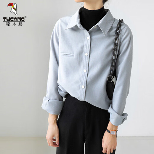 Woodpecker thickened brushed layered long-sleeved shirt women's autumn and winter retro pure cotton shirt versatile commuting professional top 8510 coffee color S