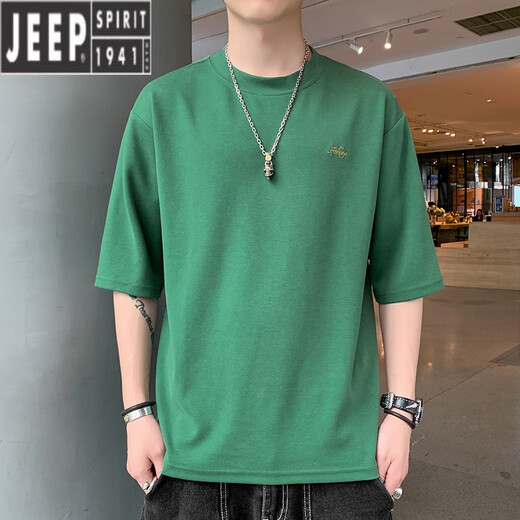 
JEEP SPIRIT 7-quarter sleeve men's short-sleeved T-shirt 2025 summer new round neck loose fit embroidered mid-sleeved trendy brand ins half-sleeved QD659 white XL