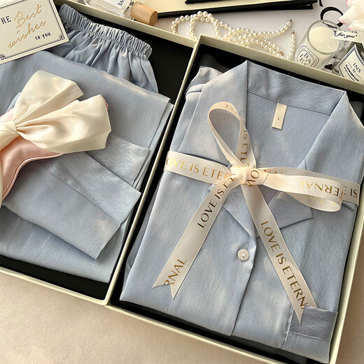 亚慕兰送妈妈闺蜜女朋友三八节礼盒装生日礼物女士睡衣春秋款冰丝家居服 非礼盒-【送眼罩】6623浅蓝 M