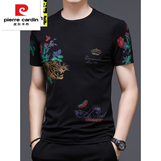 Pierre Cardin Mercerated Cotton Herren T-Shirt kurzärmelig runde Hals Tiger Kopfdruck Trendy Marke Frühling und Sommereis Seiden High-End-Top-Kleider 829# Black L 170