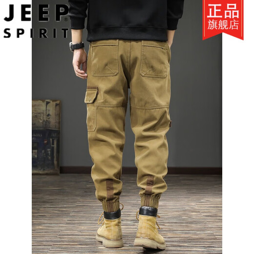吉普（JEEP）秋季潮牌战术机能工装休闲裤男宽松大码束脚哈伦裤多口袋纯棉长裤 卡其色 2XL 推荐135-155斤