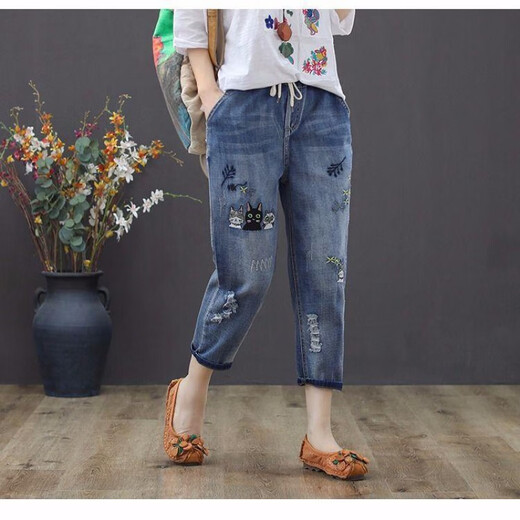 Feimaiibo 2025 Frühlings- und Sommer Neue elastische Taille Neun-Punkte-Jeans für Frauen koreanische Version riss lose Taillensticke große Haremhosen 9903# neun-Punkte 26