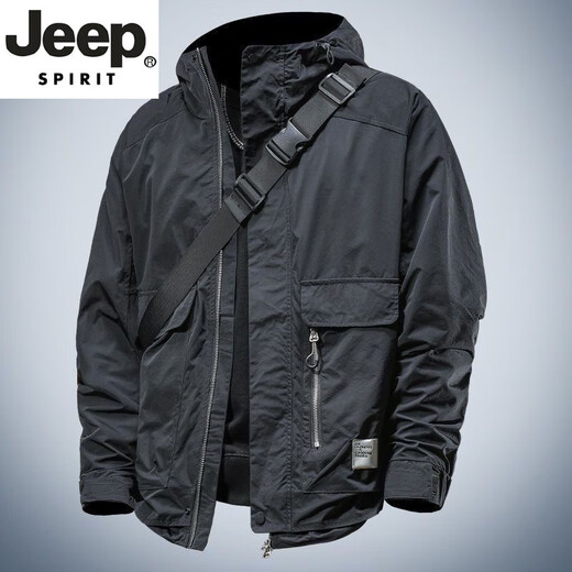 JEEP SPIRIT Jacket Men's Spring and Autumn 2025 New Fashion Brand Workwear Hooded Jacket Men's Loose Versatile Outdoor Windproof Jacket Black Recommended 130-150Jin Jin equals 0.5 kg XL