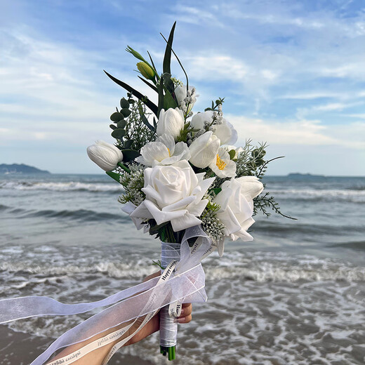 oein婚礼手捧花新娘结婚当天婚纱领证仿真郁金香求婚毕业花束拍照道具 白色郁金香手捧花 10支