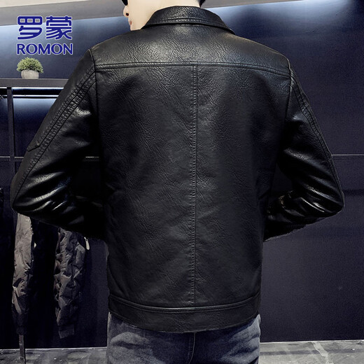 ROMON leather jacket men's spring casual jacket men's versatile trendy tops men's clothing black XL
