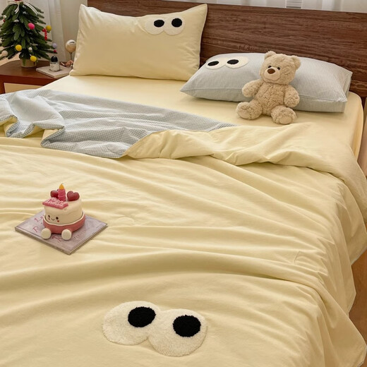 Enxing summer cream style machine washable cotton summer cool quilt set of three or four pieces for student dormitory single solid color thin air-conditioned quilt washed cotton-big eyes summer quilt milk yellow small blue grid children's summer quilt-100x150cm