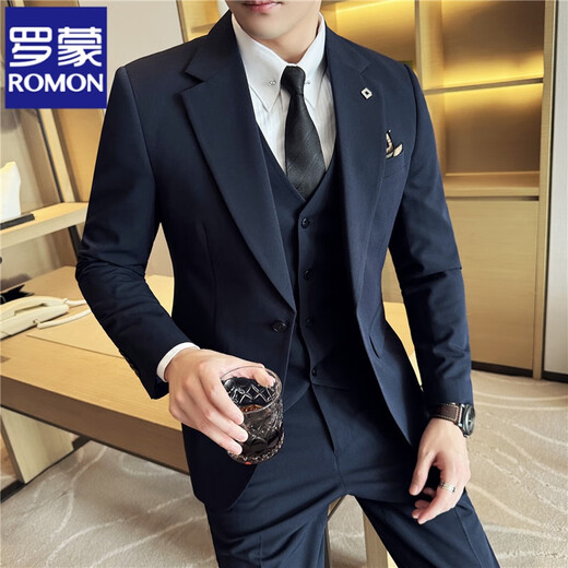罗蒙（ROMON）高级感西服套装男士结婚新郎伴郎礼服商务职业面试正装大码西装男 黑色【西服+裤+衬衫】 送领带 （52） XL