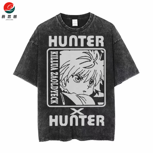
Jueslang animation full-time hunter hunter x hunter retro old summer cotton washing short-sleeved T-shirt for men and women washing black B1301 XL