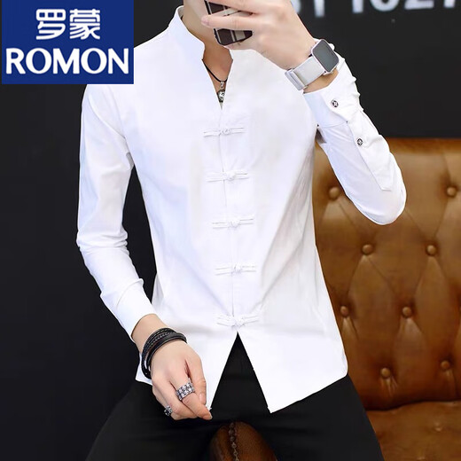 罗蒙（ROMON）立领白衬衫男士长袖春秋季感中国风衬衣潮牌盘扣休闲唐装上衣 9905黑色 M