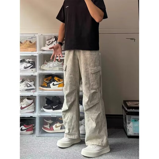 Bo Mingchen pleated casual pants for men in autumn and winter new American multi-pocket overalls handsome loose straight wide-leg pants for men apricot L recommended 120-135 Jin Jin equals 0.5 kg