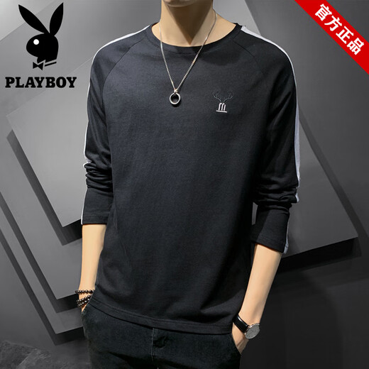 花花公子（PLAYBOY）品牌纯棉长袖t恤男装春夏季宽松刺绣打底衫上衣男款潮牌圆领卫衣 692杏色+980灰色【共2件】 3XL (约155-170斤可穿)