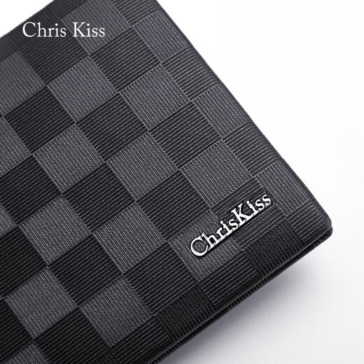 CHRIS KISS男士钱包男真皮短款皮夹时尚钱夹高档实用生日礼物送男友老公爸爸 格纹/专柜礼盒/头层牛皮