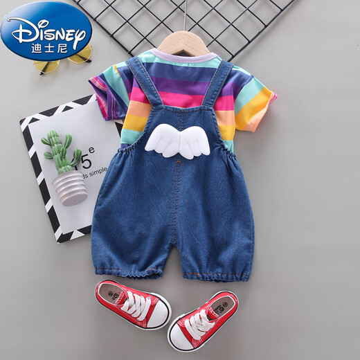 迪士尼（Disney）女童夏季洋气短袖套装婴幼儿童夏装时髦宝宝牛仔背带短裤两件套潮 短袖小毛球白色 90 cm建议1-2周岁