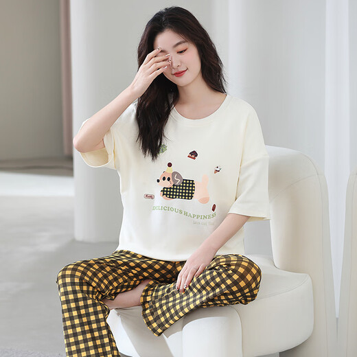 
Year of the Snake Year of the Nation Pajamas Women's Pure Cotton Summer Short Sleeve Trousers Red Loose Outdoor Outdoor Cotton Set YSH-687 L Code 100-120Jin [Jin equals 0.5 kg] Reservation shrinkage required