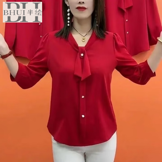 半绘新款七分袖雪纺女士衬衫高档中老年妈妈减龄色宽松遮肚子小衫女 红色-6630 L [建议95-105斤]