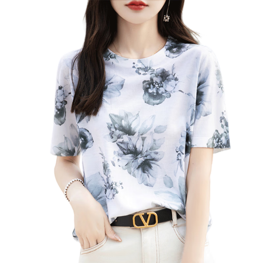 清迎桑蚕丝国风水墨印花短袖T恤女2025夏季新款圆领时尚设计感上衣潮 国风水墨844 XL