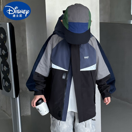 Veste Disney Boys '2025 Spring and Automn Children's Color Blocking Denim Veste de glissière pour enfants de taille moyenne Bleu 120 cm