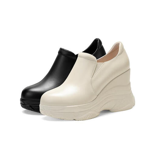 Fanjiang first-layer cowhide small person wedge-heeled genuine leather women's shoes spring and autumn new versatile height-increasing small leather shoes thick-soled deep-mouth single shoes black 36