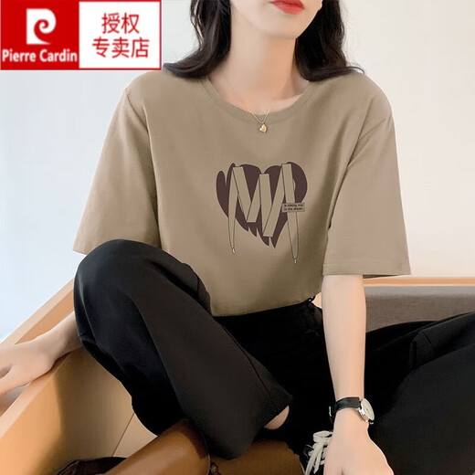 皮尔卡丹（pierre cardin）卡其色纯棉短袖t恤女夏大版气质潮牌体恤独特别致新款上衣设计感 灰蓝色 653 M