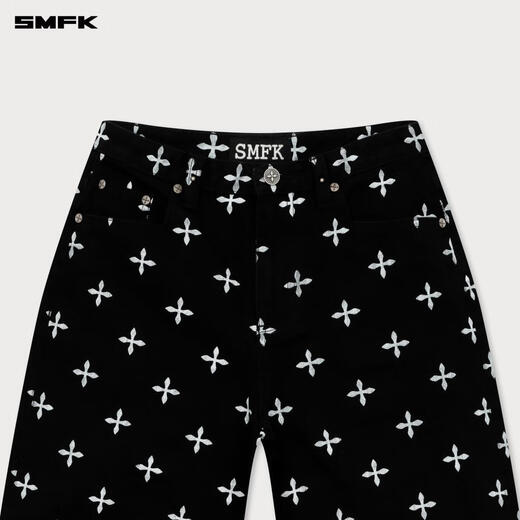 SMFK十字经典阔腿牛仔裤复古宽松休闲百搭许靖韵同款PD005BJ/BG/LG/CW 黑花园 L