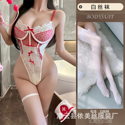 鲜橙曼欲纯欲护士制服蕾丝蝴蝶结心型透视连体衣性感套装9276 红色连体衣+发箍白网袜 S码80-100斤