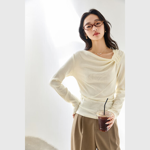梵希蔓复古设计感打结领长袖T恤女2025年春季新款修身显瘦打底衫 M9888 奶油杏 XL