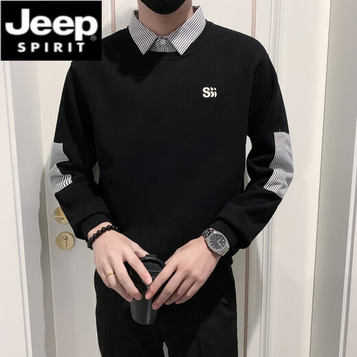 JEEP SPIRIT假两件卫衣男秋冬款针织衫痞帅拼接翻领男装2025新款长袖加绒上衣 1391白色 款 常规 XL 建议150斤内