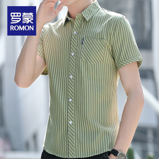 ROMON striped shirt men's short-sleeved trendy casual shirt summer men's half-sleeved slim pocket breathable formal wear 838 yellow M weight 105 Jin [Jin equals 0.5 kg]