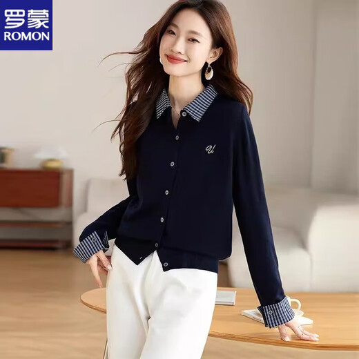 ROMON's design sense niche super nice shirt collar fake two pieces Korean style 2026 spring and autumn new fashion chic and beautiful sweater Navy version (more people choose) XL recommended 113-125Jin Jin equals 0.5 kg