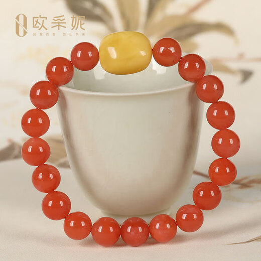 OUCERNY Yangliu Nan Red Agate Bracelet Buddha Bead Full Flesh Persimmon Red Duobao Bracelet for Men and Women with Styled Beeswax Pendant