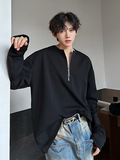 Tailored rain and rainbow American half-zip sweatshirt for men in autumn new style heavy long-sleeved T-shirt with bottoming henley shirt black black M 90-105Jin Jin is equal to 0.5 kg