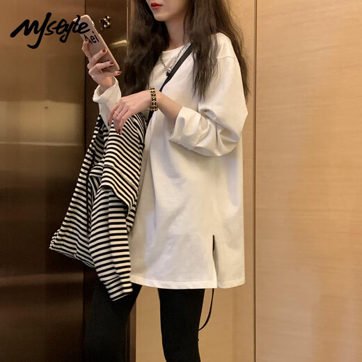MJ STYLE long-sleeved slit T-shirt for women 2025 autumn new loose pullover solid color bottoming shirt sports style versatile top