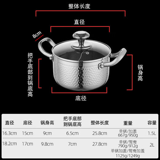 Jinjiang mini olla de acero inoxidable 304 engrosada de tres capas, una persona, una olla, cocina de inducción comercial doméstica, olla caliente pequeña individual, olla individual + tapa de vidrio 16 cm