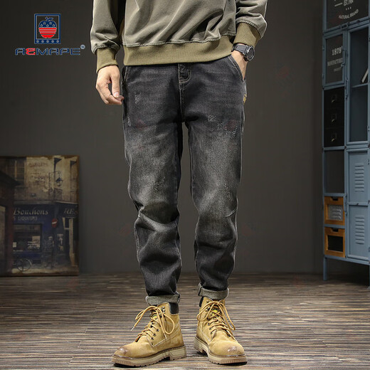 Aemape Jeans Men's Summer American Fashion Brand rétro Lavage droit en liberté HARUN SMELLET PANTERS NOIR 28 Poids approprié 90-110jin [Jin est égal à 0,5 kg]