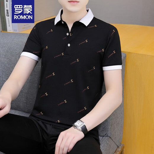 罗蒙（ROMON）夏季男士短袖翻领polo.衫高端潮流有领子半袖青年T恤休闲百搭体恤 黑色 QY679 165185斤 3XL