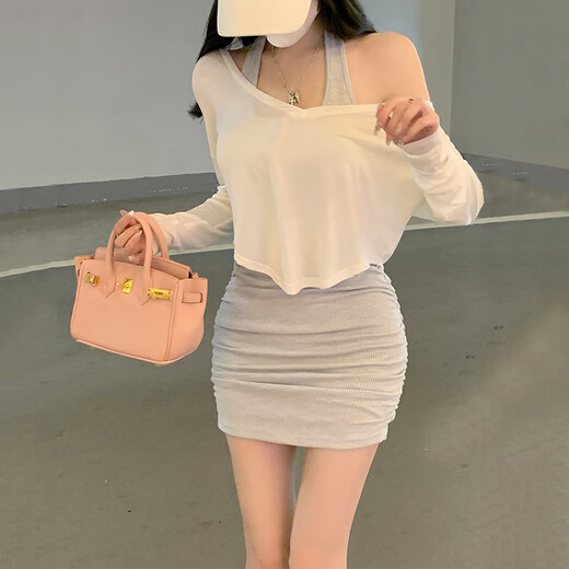 Yi Jingxuan (Yijingxuan) Nachtclub Heiße Mädchenkleideranzug Frauen neuer purer sexy Hip-Pack Kurzrock mit langerleiedigem Sonnenschutzhemd, damit es schlank ist, zwei Keiles mit weißem Sonnencreme + schwarzer Rock [Set] L 105-115jin [Jin gleich 0,5 kg]
