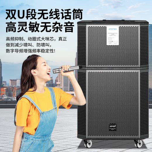 Amoi square dance audio outdoor karaoke lever mobile Bluetooth speaker live broadcast home 12-inch three-way subwoofer amplifier with microphone 15-inch six-way 17 speakers (dual wireless microphones)