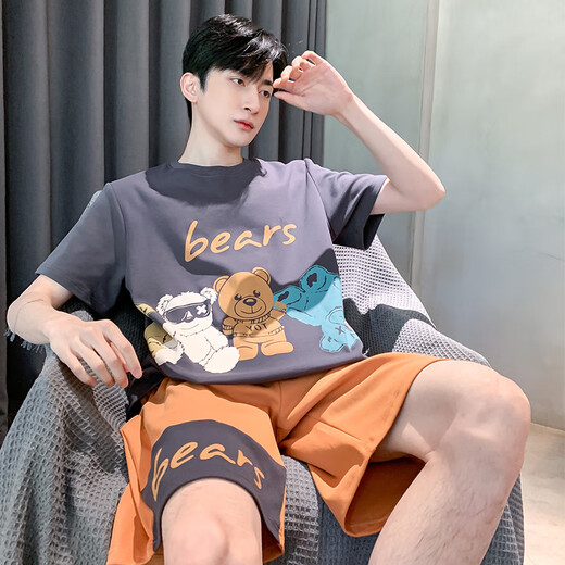 诗花巷美睡衣男夏季短袖卡通青少年男士夏天薄款加肥加大码家居服套装 短袖-xy1098 M  小码(高150-160 70-90斤)