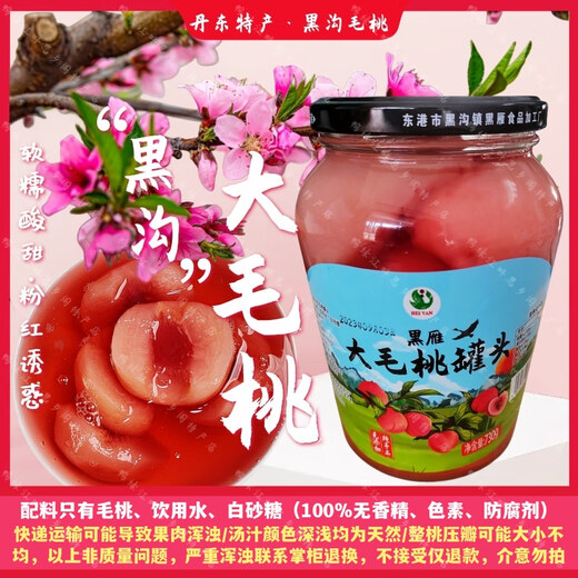 黑沟大毛桃红心水果罐头甜品烘焙辅料蜜桃零食东北丹东特产玻璃瓶 2瓶黑雁毛桃分享装（普通快递） 730克/瓶