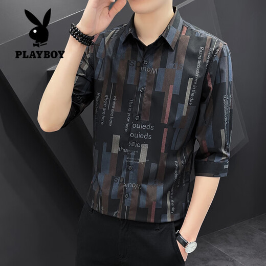 花花公子（PLAYBOY）七分袖衬衫男短袖休闲修身夏季薄款半袖条纹衬衣潮流帅气中袖寸衣 678灰色 3XL