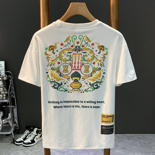 Guangan Aepe bedruckte kurzärmelige Sommer-Sommer-dünne, atmungsaktives T-Shirt Trendy und vielseitig gekämmte Baumwoll-Herren-T-Shirt White JSW9902 L für Gewicht 109-123jin [Jin gleich 0,5 kg]