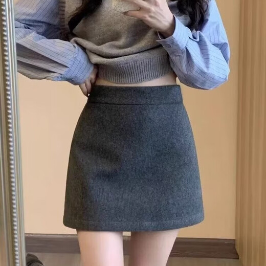 Miao Yijia Skirt Winter Skirt Women's Woolen Gray Short Skirt A-Line Skirt 2025 New Women's Hip Skirt Winter Skirt Gray Woolen Skirt L Recommendation 105-115Jin Jin equals 0.5 kg