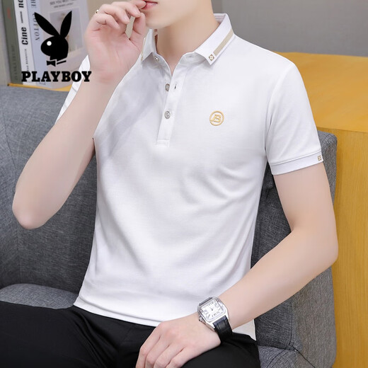 花花公子（PLAYBOY）短袖t恤男夏季清凉冰丝高端简约休闲薄款翻领商务纯棉刺绣polo衫 纯浅蓝 686款 L 100-125斤