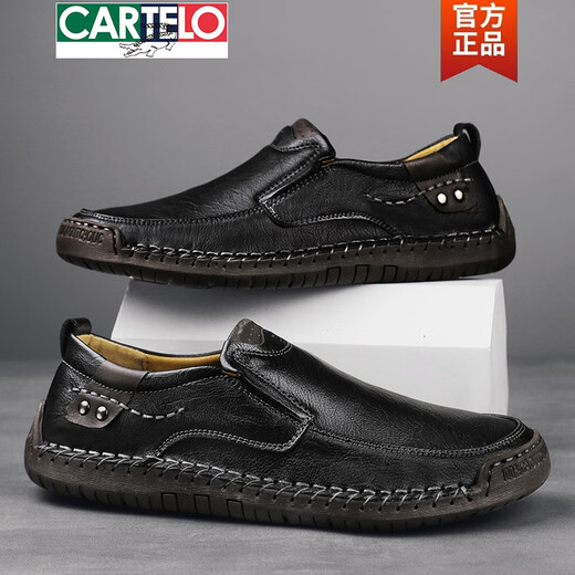 Cartelo 2025 Printemps et été en cuir authentique Cowhe Casca Casched Le cuir Cuir Soft Soft Sole Sole un pied Kick Bean Chaussures polyvalentes Chaussures pour hommes de grande taille Nouveau noir [9920 Modèle à quatre saisons] 39