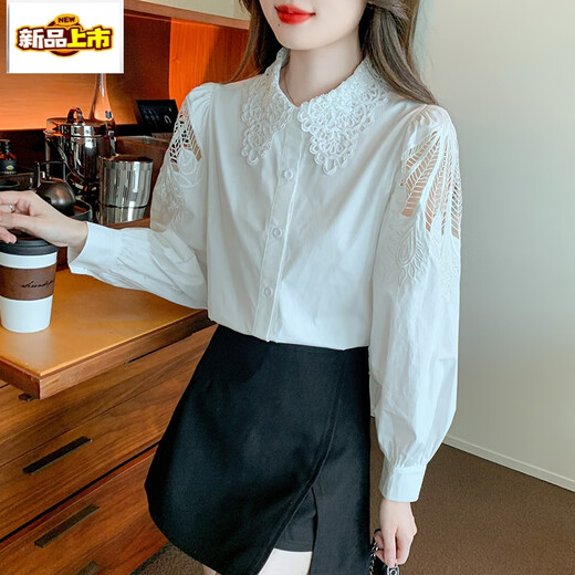 初径【6849人收藏】刺绣纯棉衬衫女2025年秋装新款时尚绣花白色衬衣宽 CY9227 黑色 M 【建议96-110斤】