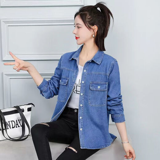 Lan Junqi Frühjahr und Herbst neues Jeanshemd für Damen, große Größe, locker, schlank, lässig, langärmelige Hemdjacke, dünnschichtiges Oberteil, trendiges Blau XL 115-125Jin Jin entspricht 0,5 kg